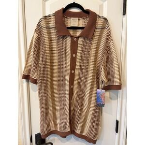 Massive Luxury Men's L Brown Beige Crochet Knit Polo Button Up Retro Style Shirt